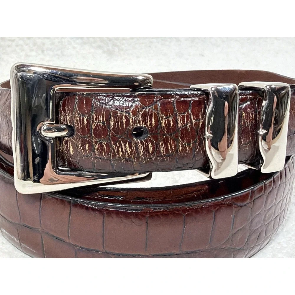 Torino Calfskin Croc Embossed Belt Brown Leather Dress Italian Quiet Luxury 46